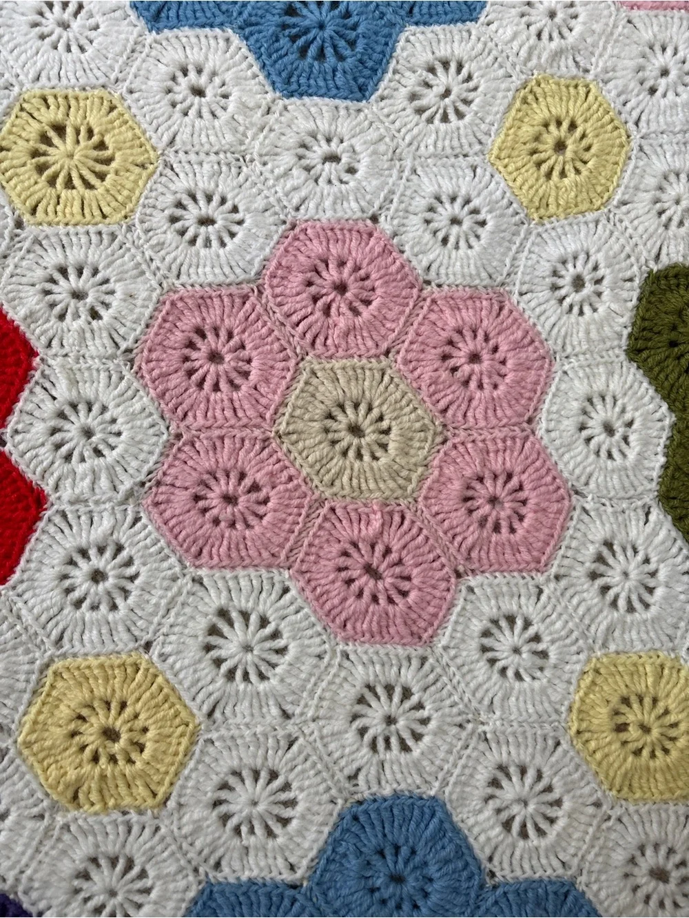 Granny Square Flower Garden Blanket Full Size Hexagon Edge